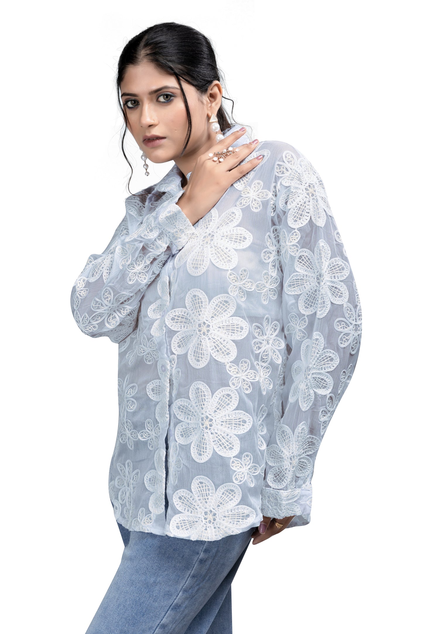 White Floral Embroidered Mesh Oversized Shirt