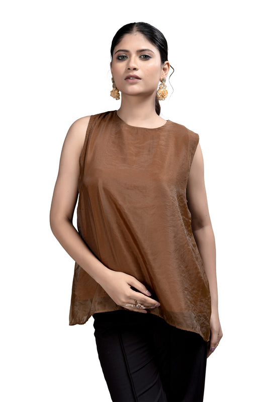 Coffee Brown Sleeveless Top with Sheen