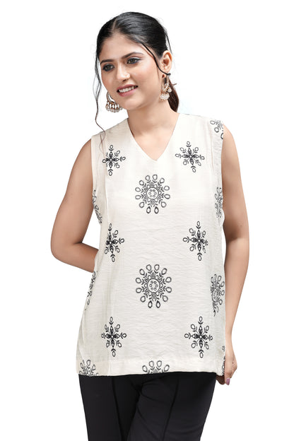 Off-White Sleeveless Top with Black digital print