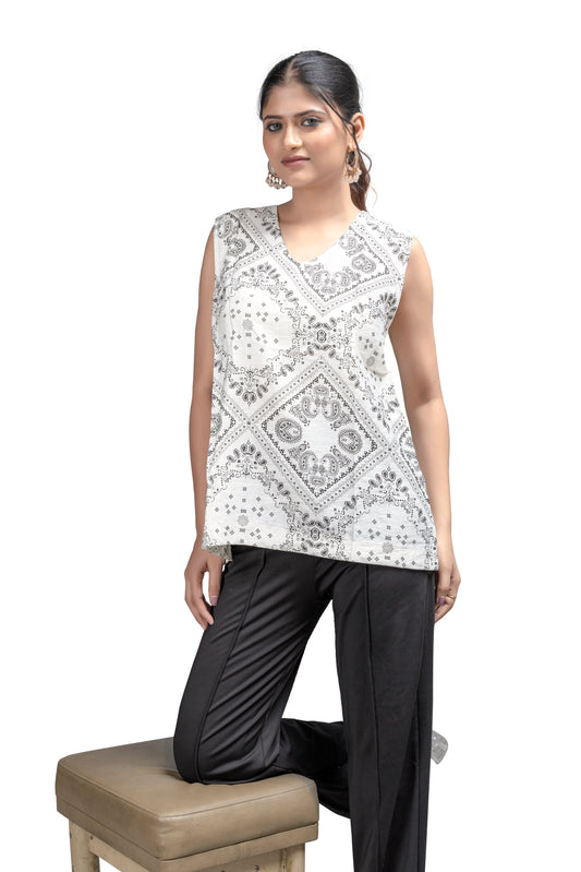 Black and White Printed Sleeveless Top