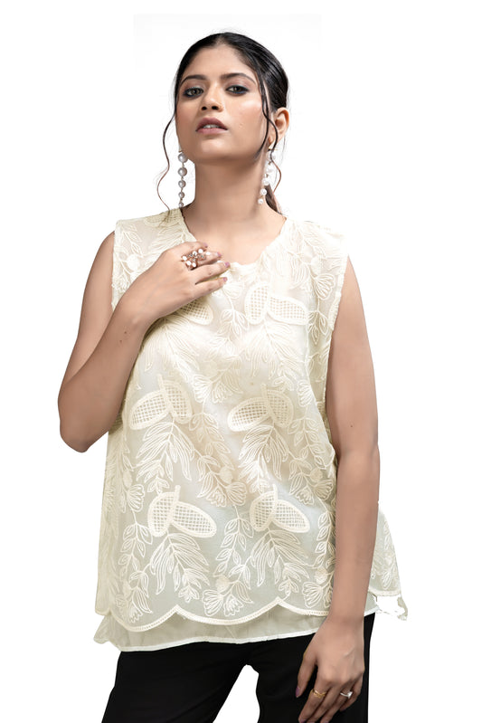 Elegant Sleeveless Ivory Embroidered Top