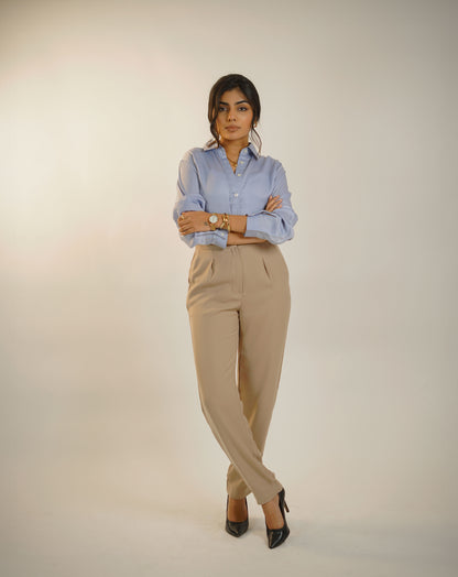 Beige High Waist pleated Trouser and Satin Shirt