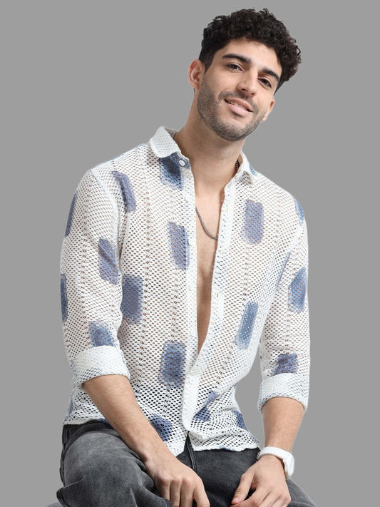 Men’s Lycra Stretchable Printed Full Sleeve Shirt – Lightweight Mesh Design with Modern Print