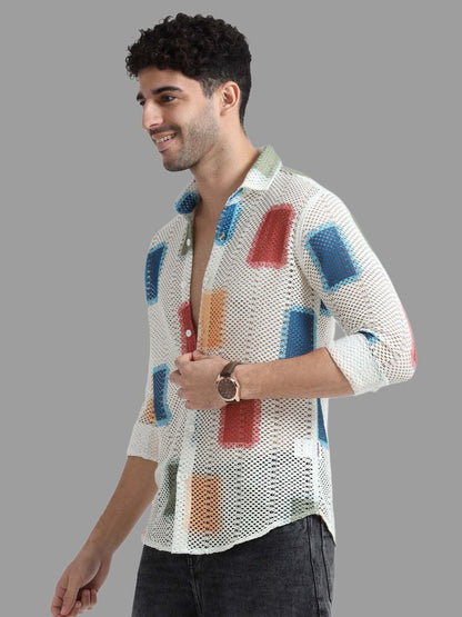 Men’s Lycra Stretchable Mesh Printed Full Sleeve Shirt – Color Block Design | Lightweight Party & Summer Wear