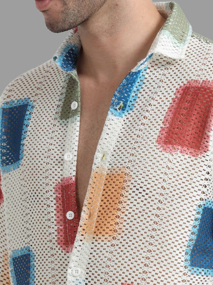 Men’s Lycra Stretchable Mesh Printed Full Sleeve Shirt – Color Block Design | Lightweight Party & Summer Wear