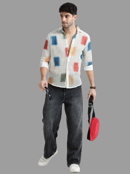 Men’s Lycra Stretchable Mesh Printed Full Sleeve Shirt – Color Block Design | Lightweight Party & Summer Wear