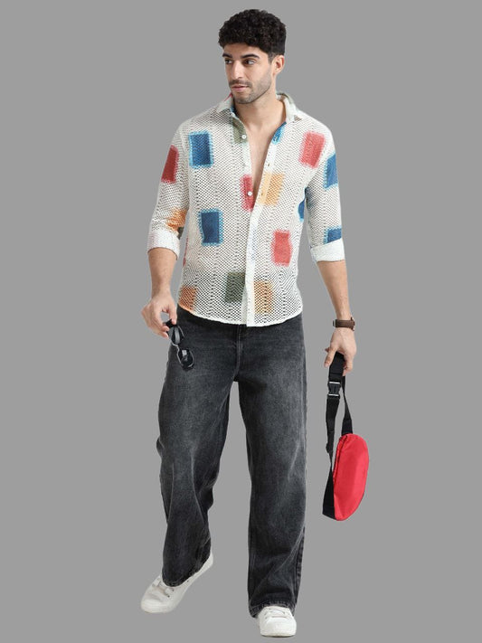 Men’s Lycra Stretchable Mesh Printed Full Sleeve Shirt – Color Block Design | Lightweight Party & Summer Wear