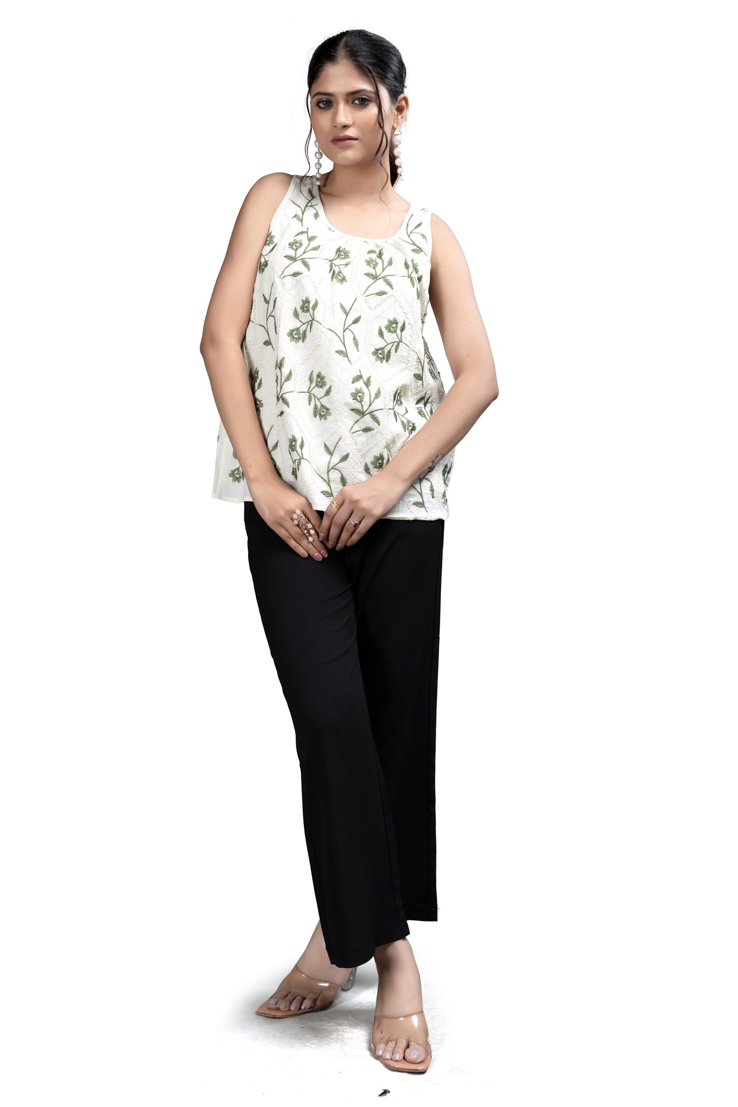 White and Green Embroidered Sleeveless Top
