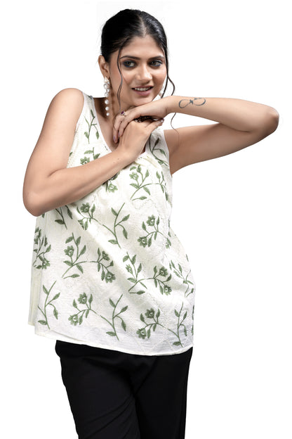 White and Green Embroidered Sleeveless Top