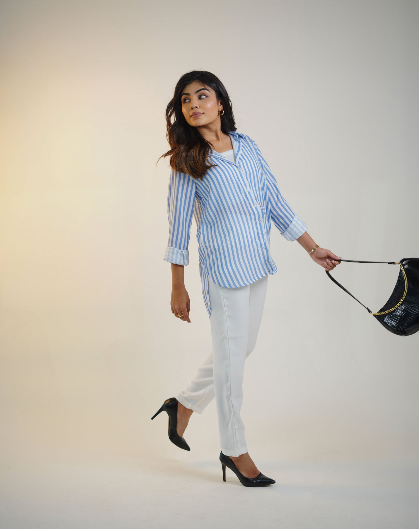 White & Blue Digital Printed Linen Shirt with White High Waist Pleated Trousers