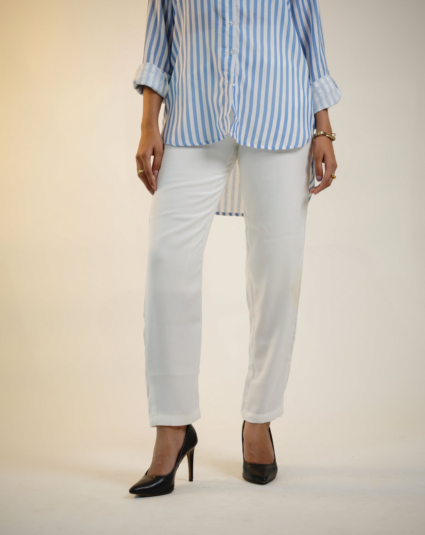 White & Blue Digital Printed Linen Shirt with White High Waist Pleated Trousers