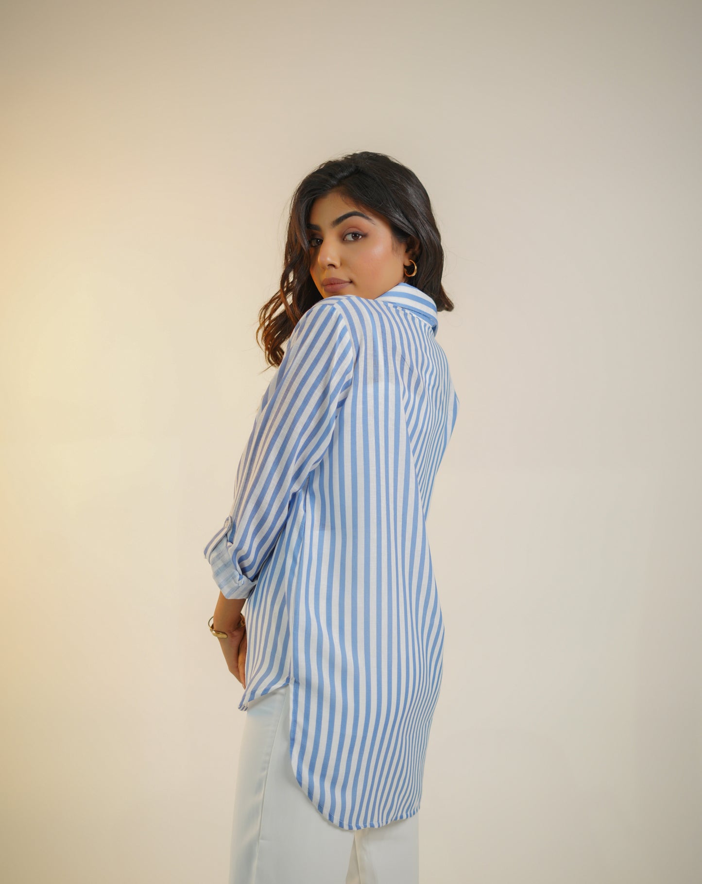 White & Blue Digital Printed Linen Shirt with White High Waist Pleated Trousers