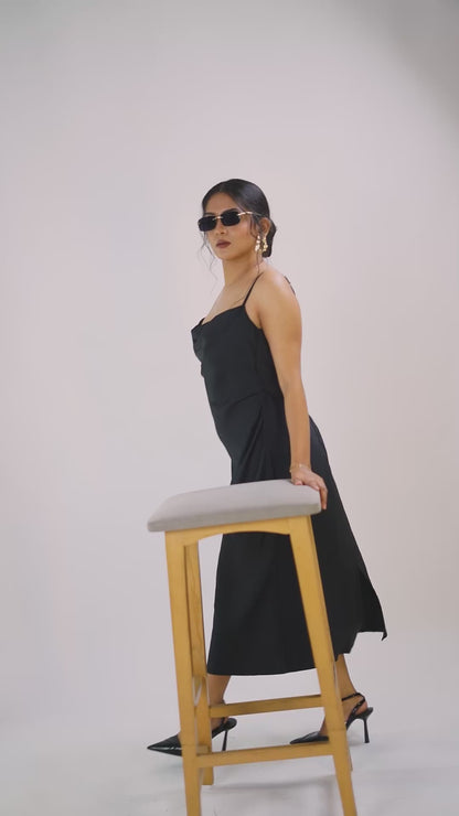 Black Satin Cowl Neck Dress