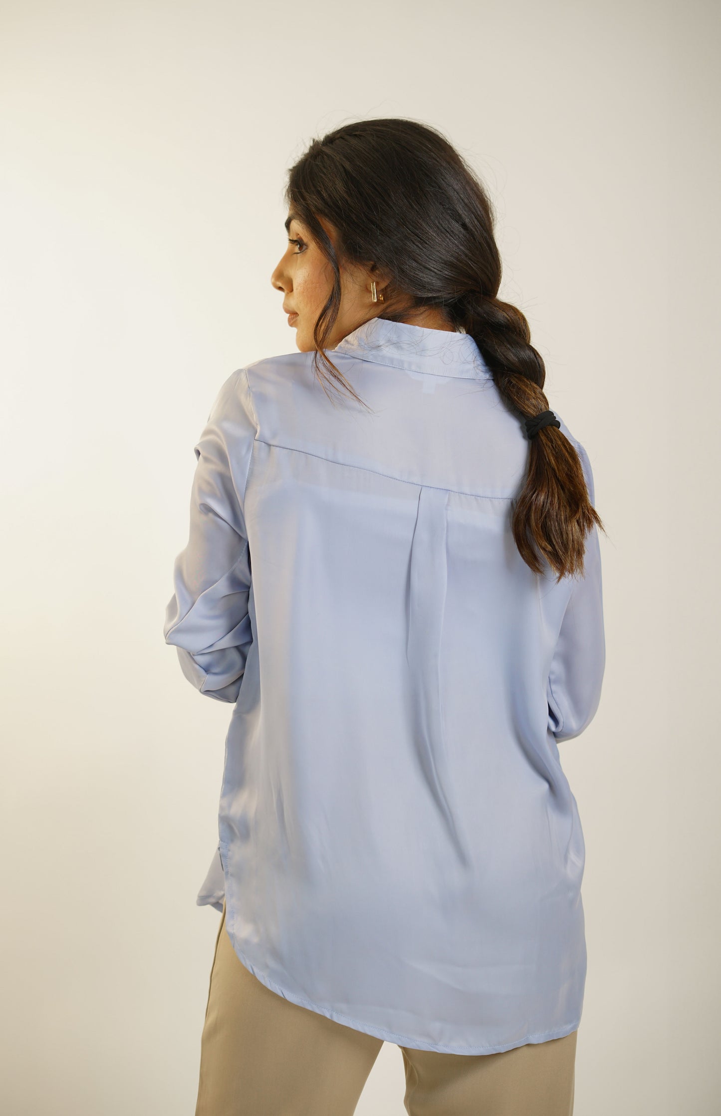 Classic Sky Blue Plain Satin Shirt for Women Office wear