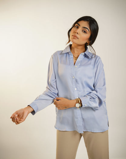 Classic Sky Blue Plain Satin Shirt for Women Office wear