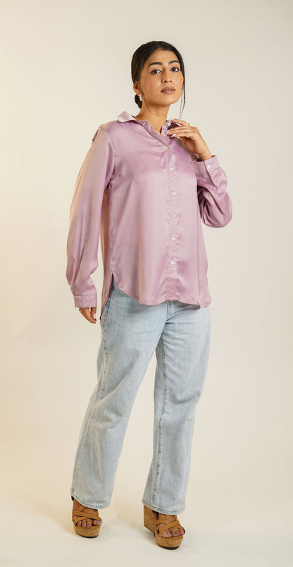 Classic Onion pink Plain Satin Shirt for Women Office wear